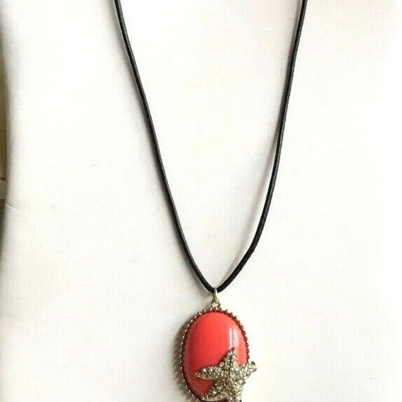 Coral Starfish Necklace Gold Plated Pendant Cabachon Peach 24" Leather Chain - Picture 11 of 11